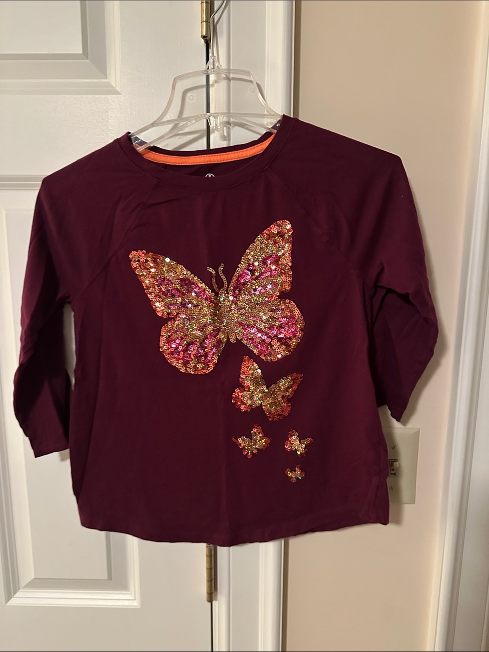 Lands' End Girls' Burgundy Long-Sleeve Top with Sequin Butterfly
